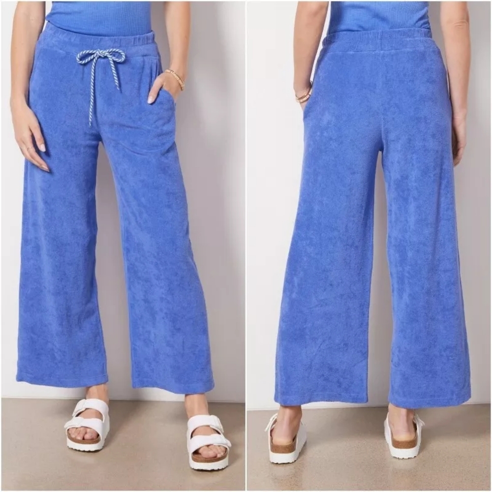 NEW Sundry High Rise Wide Leg Cropped Pants Loop Terry Cotton Blue Small